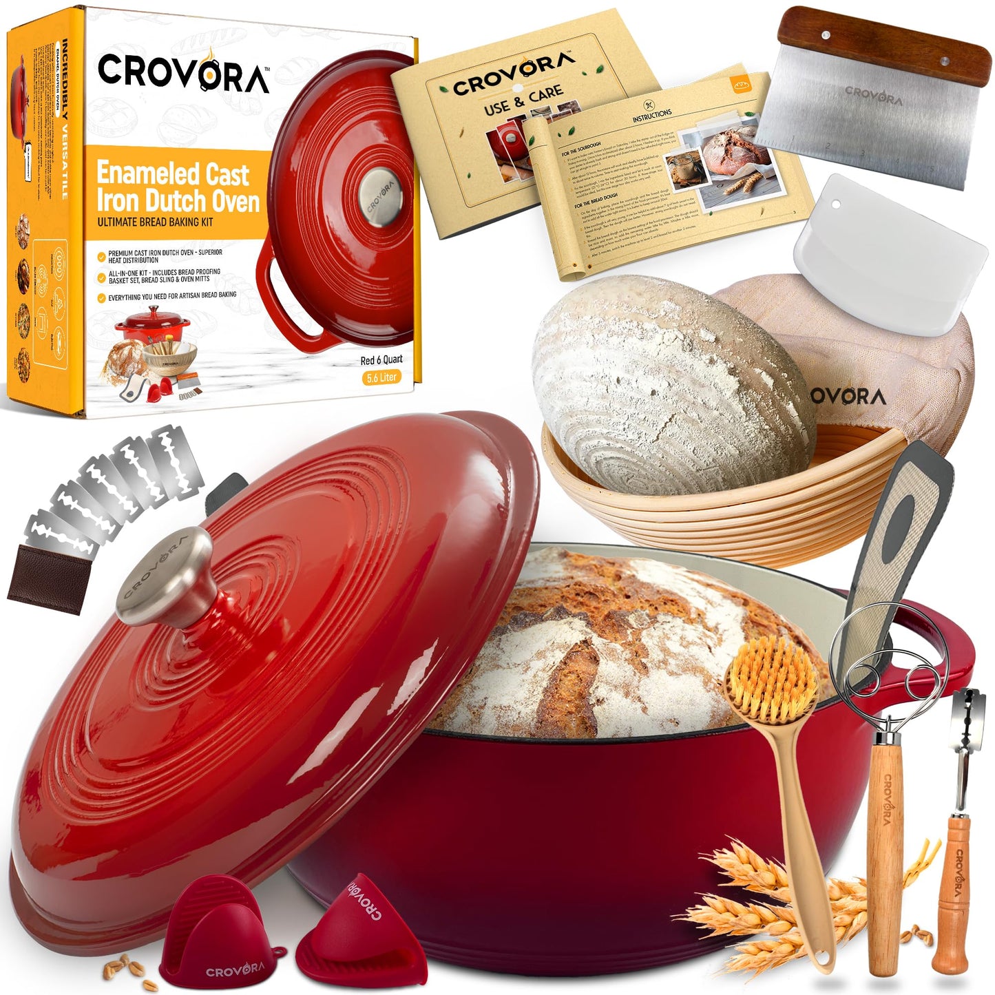 Crovora 6 QT Enameled Cast Iron Dutch Oven for Bread Baking with Lid - Incl. Sourdough Bread Baking Supplies like Banneton Bread Proofing Basket, Cast Iron Bread Oven, Bread Pan, bread making tools