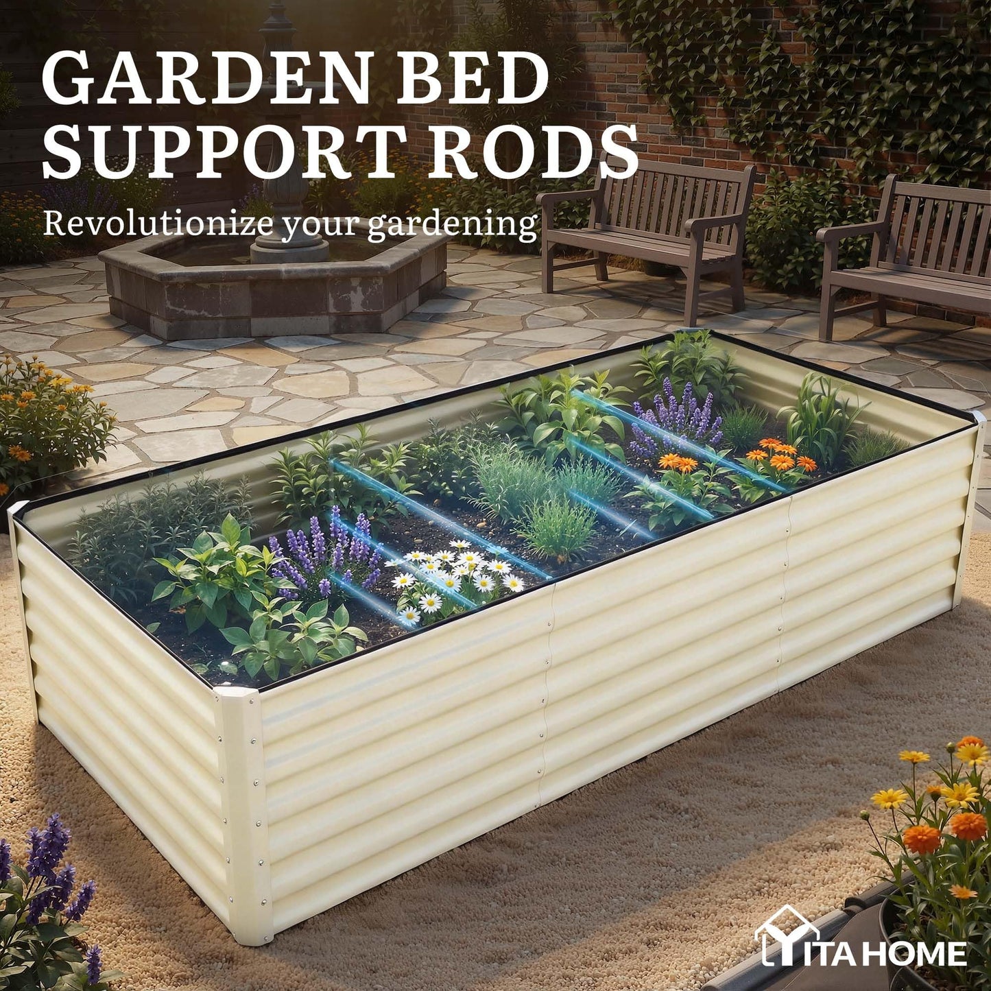 YITAHOME 8x4x2ft 2pcs Large Raised Garden Bed Kit, Galvanized Metal Planter Box with Gloves & Safety Rubber, Outdoor Above Ground Planters for Plants Vegetables Flowers, Cream Yellow