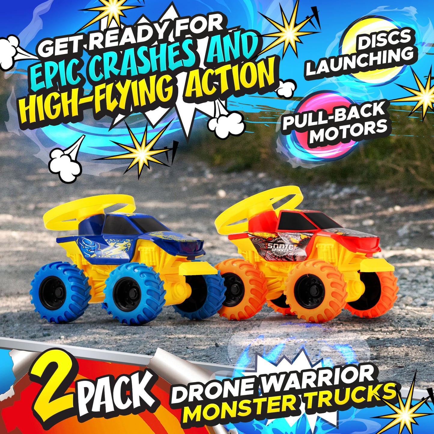 Team Power Monster Truck Toys Drone Warrior, Disc-Launching 2-Pack 5.2" Battle Trucks with Pull-Back Motors, Age 3, 4-7 and Above for Boys & Girls [Amazon Exclusive]