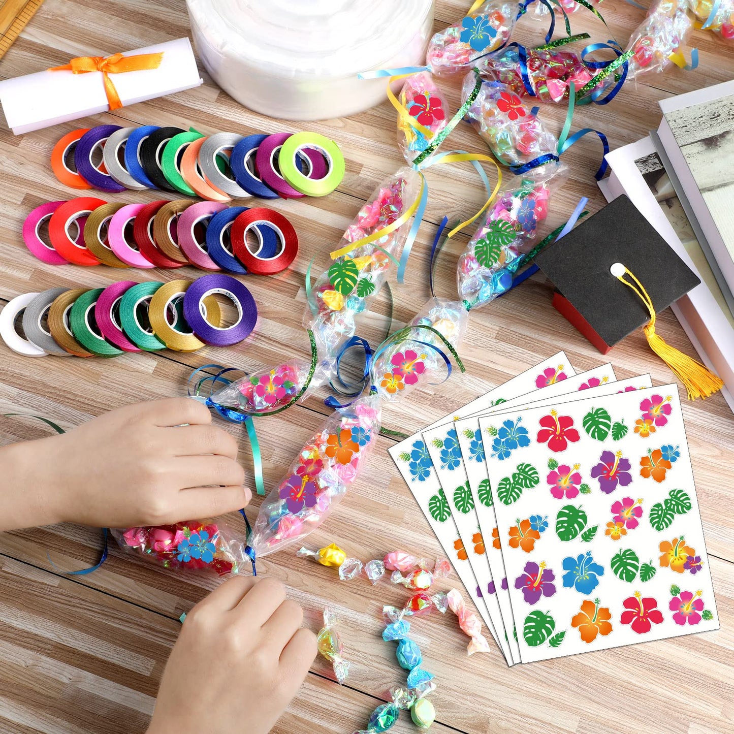 Karenhi Candy Lei Making Kit for Graduation Include 2 Inch x 1000 ft Ldpe Poly Candy Lei Tubing Roll,30 Pcs Graduation Ribbon,50 Sheets Flower Stickers Clear Netting Bags for Crafts Wreath