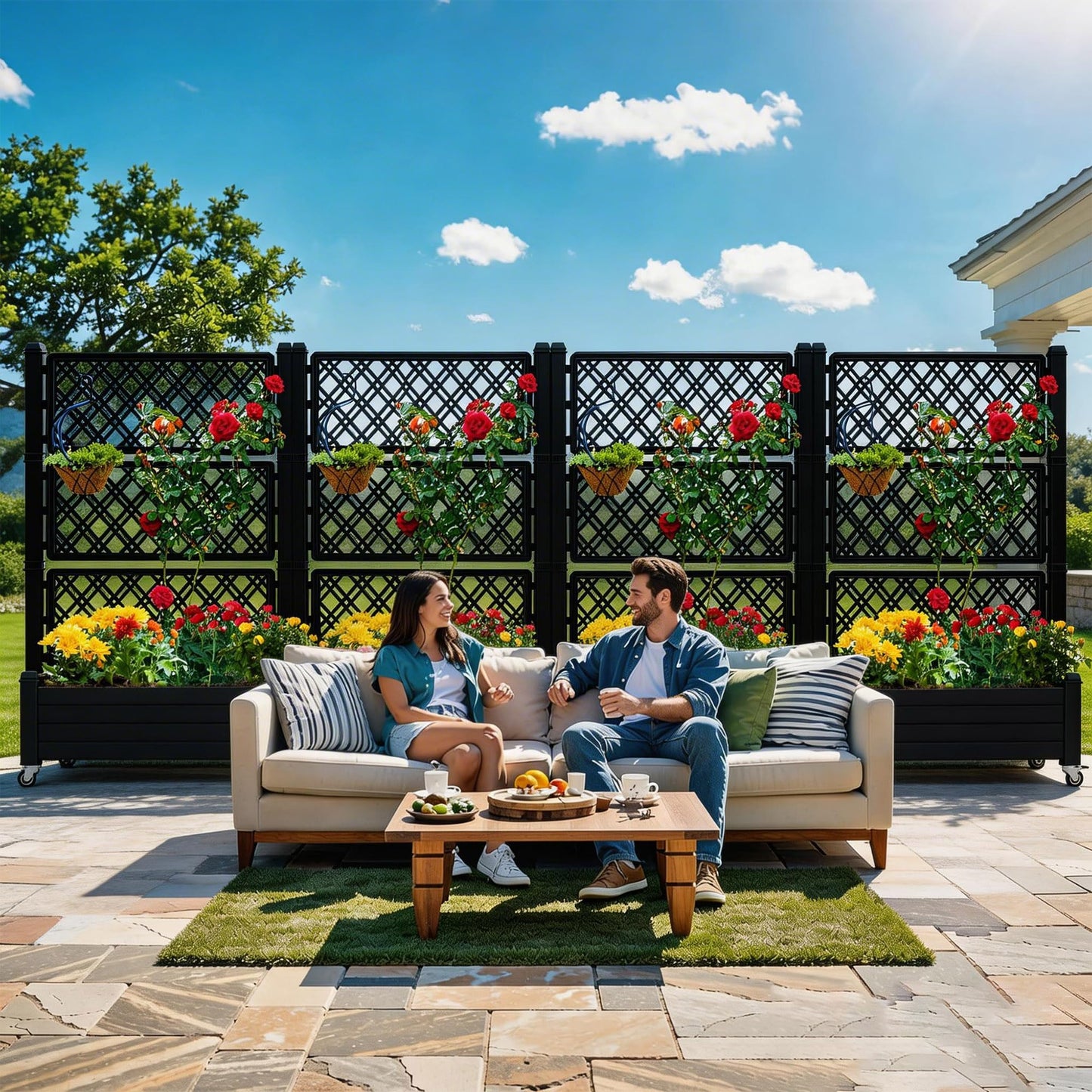 YITAHOME 43.3x17.7x61 in Planter Boxes Outdoor with Trellis 2pcs Resin Raised Garden Bed with Wheels & Drain Plug for Climbing Plants, Weather-Resistant Outdoor Privacy Screen, Black