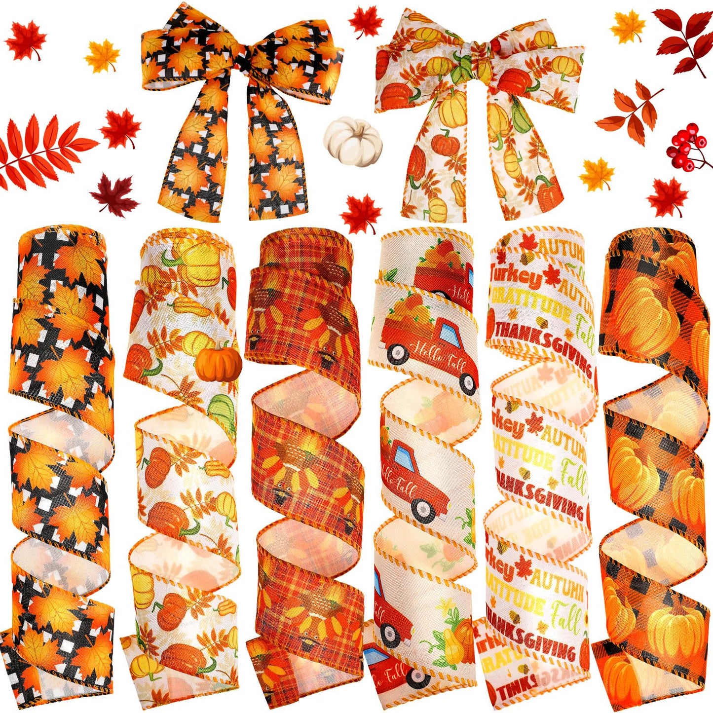 Yuxung 6 Rolls 30 Yards Thanksgiving Fall Burlap Ribbon Rolls Wired Wrapping Ribbon Buffalo Plaid Pumpkin Truck Turkey Maple Harvest Fall Thanksgiving Wreath Decoration for Craft Bow Gifts Making