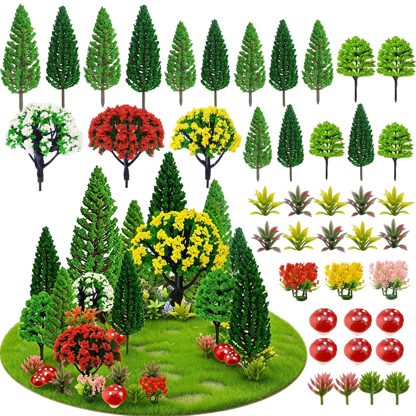 36pcs Model Trees Mixed Model Flower Trees Railroad Scenery Diorama Tree Mushroom for DIY Crafts Landscape Train Railroad Decorations Fairy Garden Trees Supplies