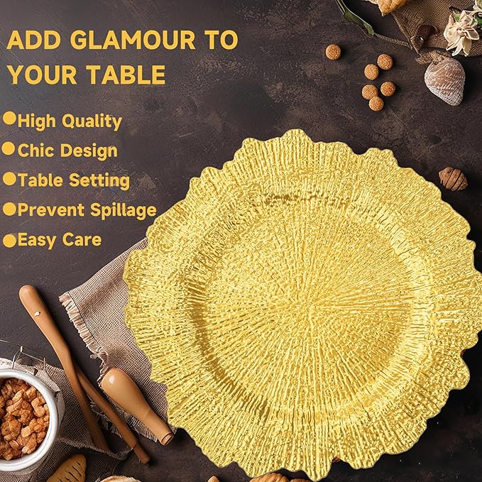 EI 50pcs Gold Charger Plates,13 Inch Charger Plates Bulk,Round Ruffled Rim Chargers for Dinner Plate,Table Chargers for Wedding,Party