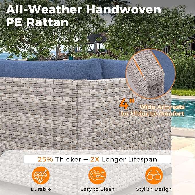 12-Seat Modern Outdoor Wicker Rattan Patio Furniture Set with 55,000 BTU Fire Pit Table, Thick 4″ Cushions, All-Weather Dual-Strand Rattan, Rust-Resistant Steel Frame,Navy