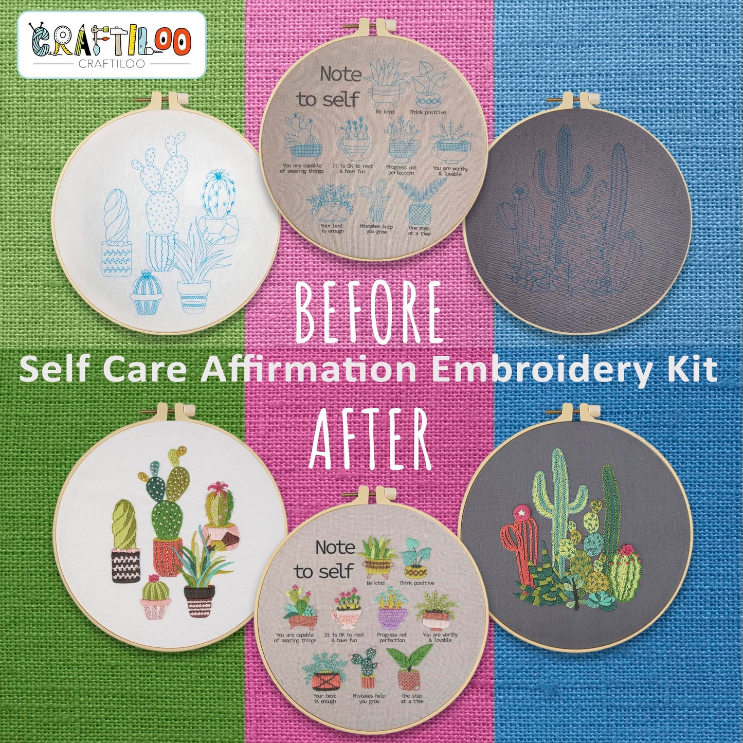 CRAFTILOO Embroidery Kits for Adults Hand Embroidery kit for Beginners with Stamped Embroidery Patterns Starter Embroidery Kit. Needlepoint kit Cross Stitch kit for Teens& Adults Cactus