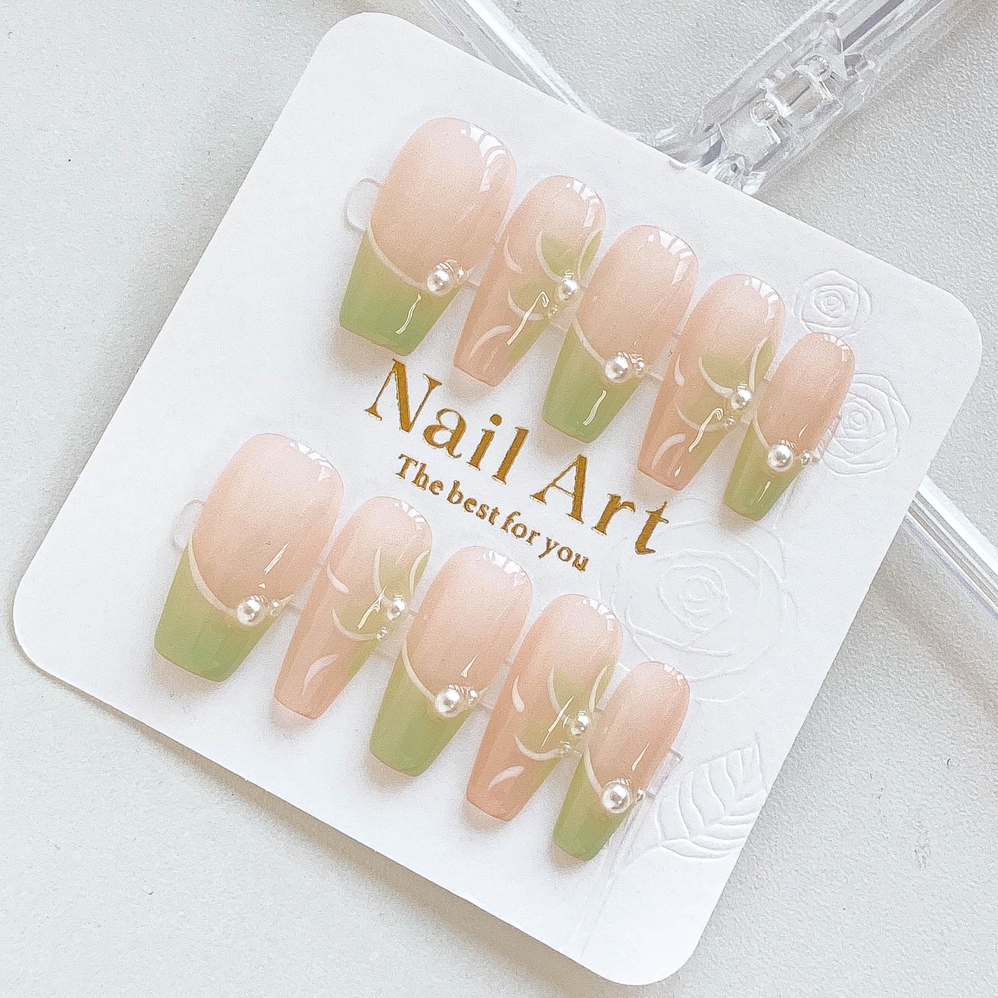 GLORS Long Ballerina Press On Nails, Pearl-Decorated Pink and Green French Tips, Handmade False Nail 10 Pieces (Small,LB)