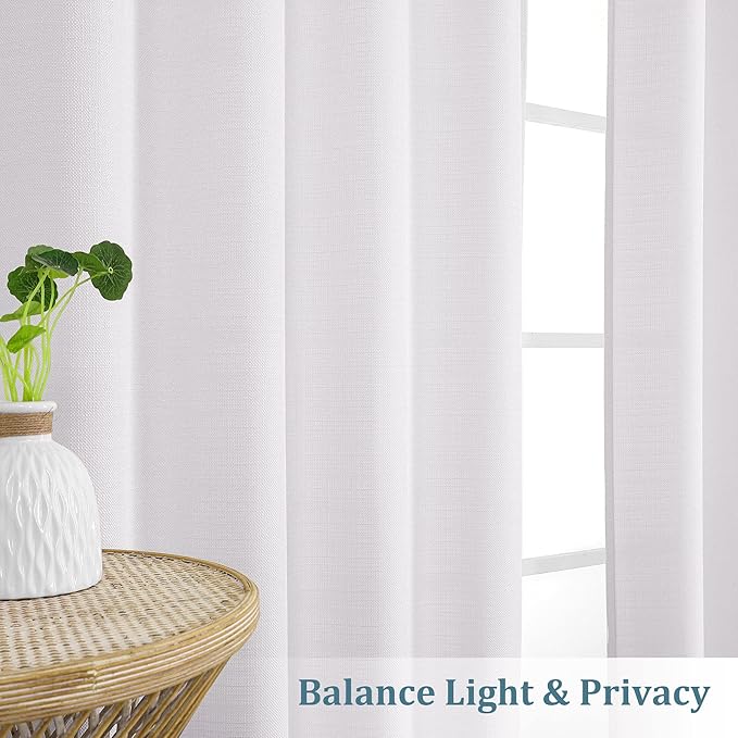 Chyhomenyc White Curtains 90 Inch Length 2 Panels Set, Faux Linen Textured Semi Light Filtering Soft Airy Farmhouse Window Curtain Drapes for Living Room Bedroom, 50Wx90L