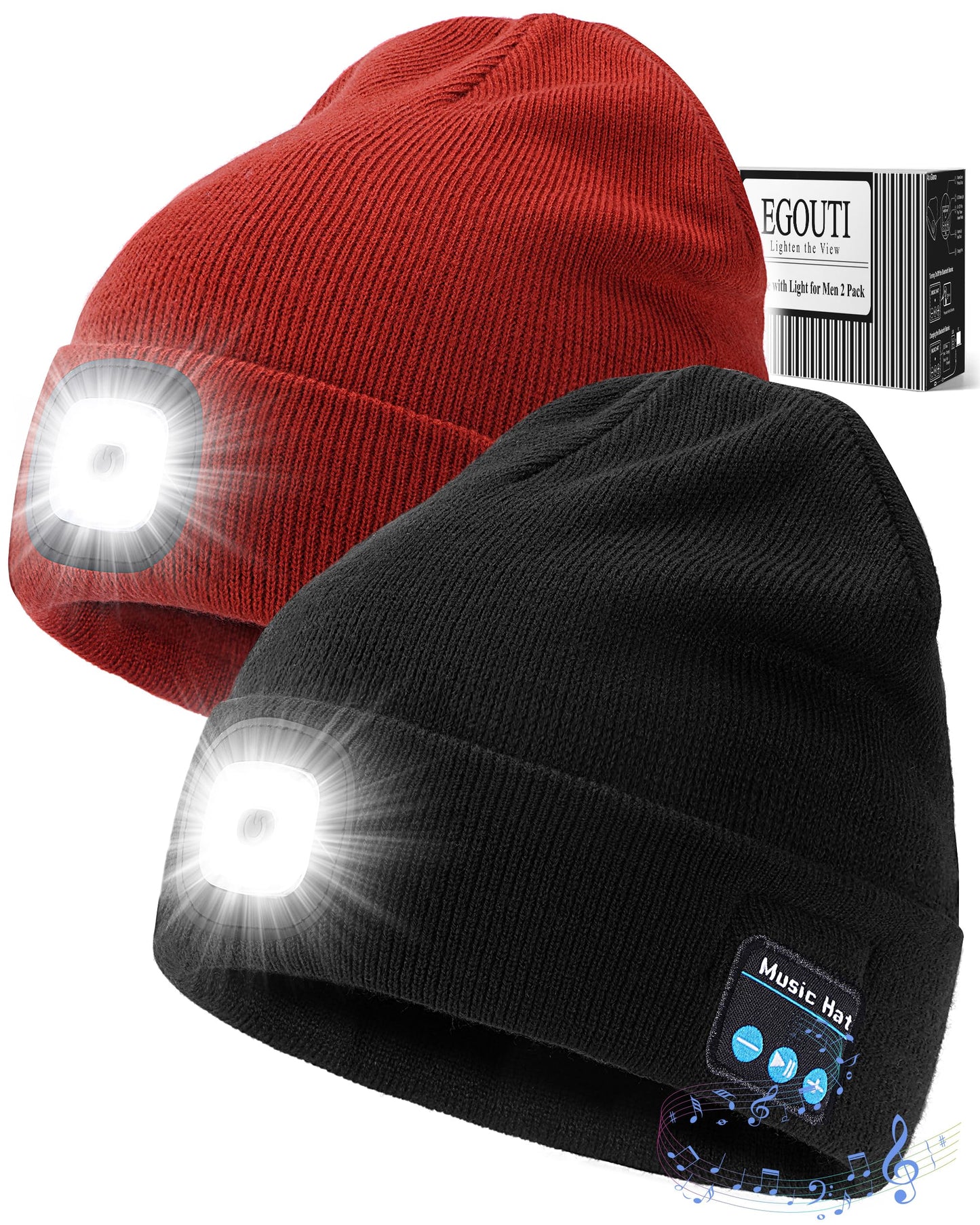 Bluetooth Beanie Hat with Light for Men 2 Pack, LED Beanie with Light Built in Unisex USB Rechargeable, Headlamp Cap with Wireless Headphones Built-in Speaker Mic Gifts for Men Dad Teen (Black+Orange)