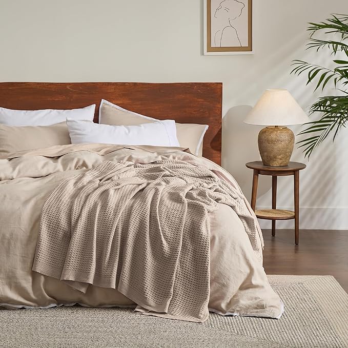 Bedsure 100% Cotton Large Throw Blanket for Couch 50x70 inches - Breathable and Soft, Waffle Weave Throw Blanket for Office, Tan