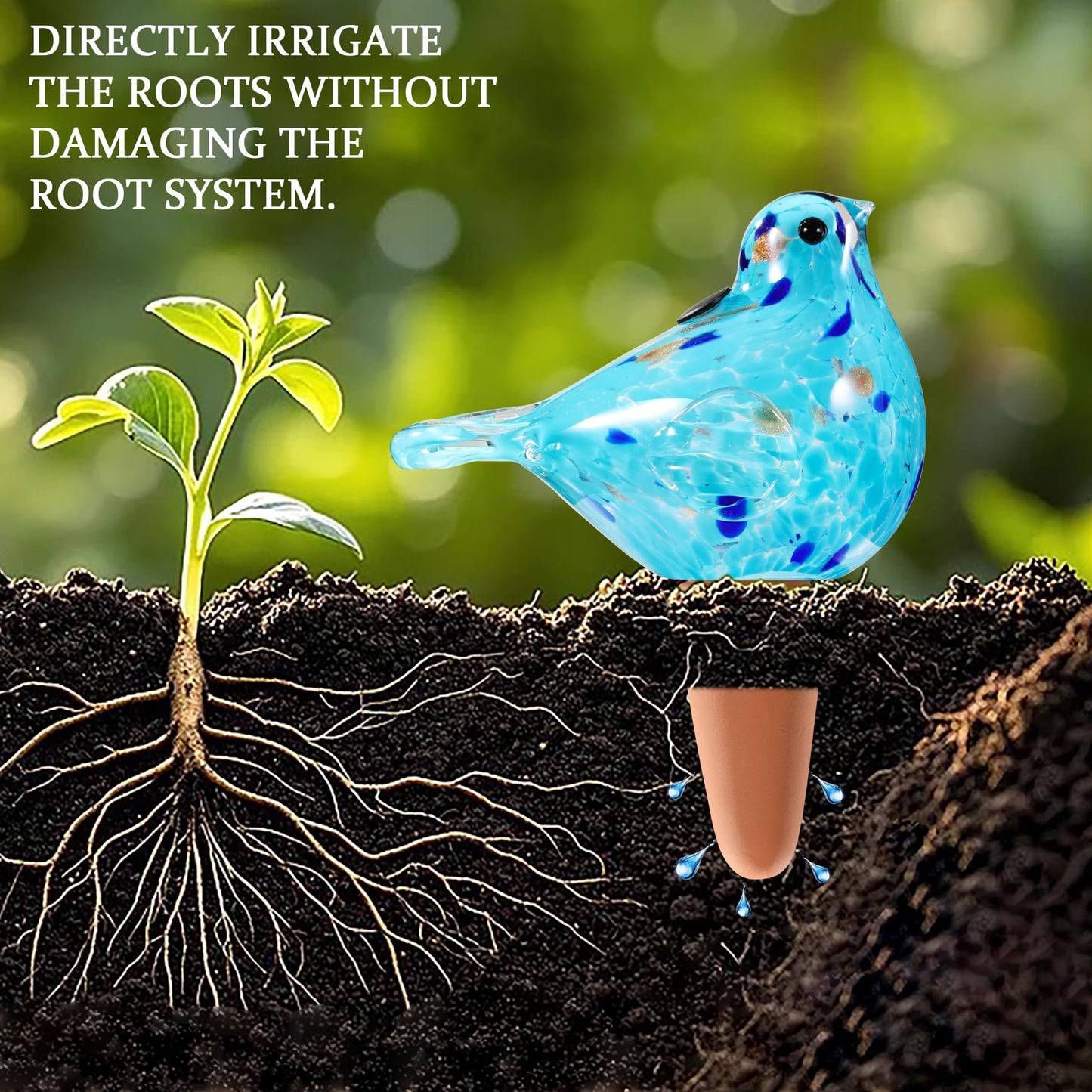 Plant Watering Globes, Bird Glass Self Watering Planter Insert - For Indoor & Outdoor Plants - Glass Plant Water Globes For Daily Use, Planter Spikes To Support Indoor & Outdoor Plant Health, Sky Bule