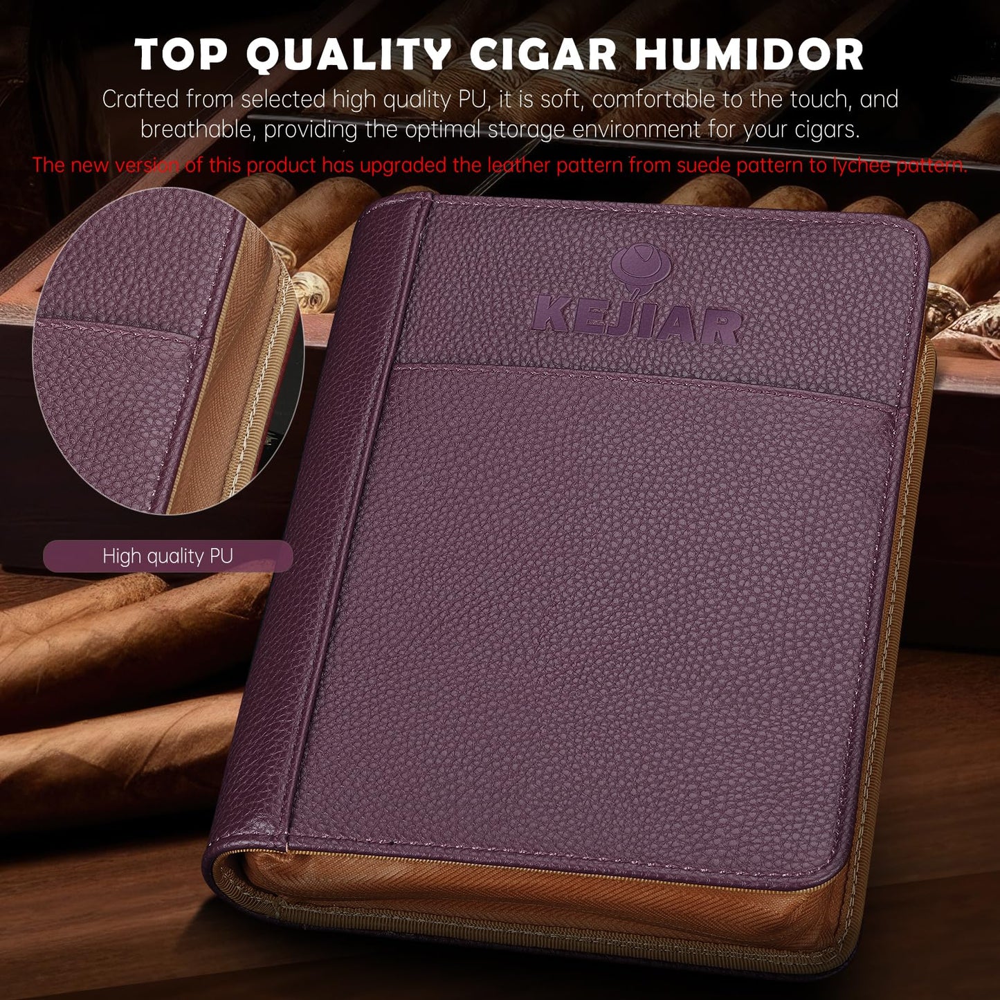 KEJIAR Travel Cigar Humidor Set, Humidor Cigar Box with V Cutter, Straight Cutter, Hole Puncher, Two-Way Humidity Control Packs, Leather Holder Case with Cigar Accessories Kit (Purple)