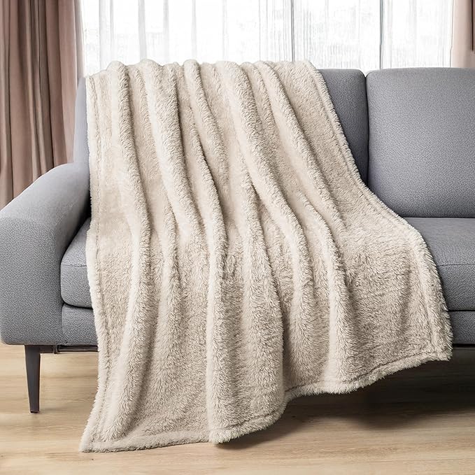 PAVILIA Sherpa Throw Blanket for Couch Sofa, Cream Beige Fluffy Warm Plush Blanket for Bed, Cozy Super Soft Lightweight Throw, Fuzzy Decorative Blanket, All Season Home, 50x60