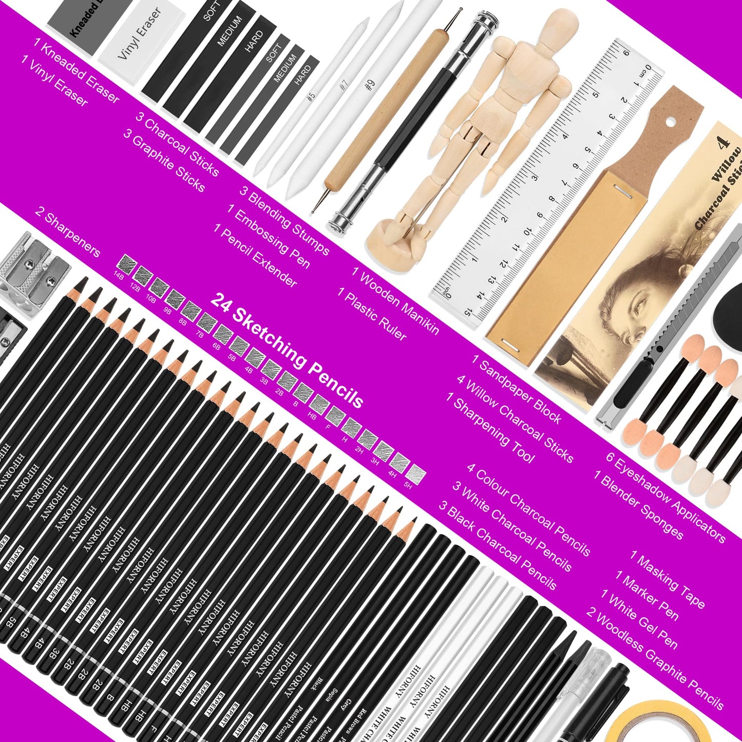 HIFORNY 70 PCS Drawing Set Sketching Kit,Sketch Pencils Art Supplies with Graphite,Charcoal,Blending Tools & Accessories,Portable Zippered Travel Case for Artists & Beginners