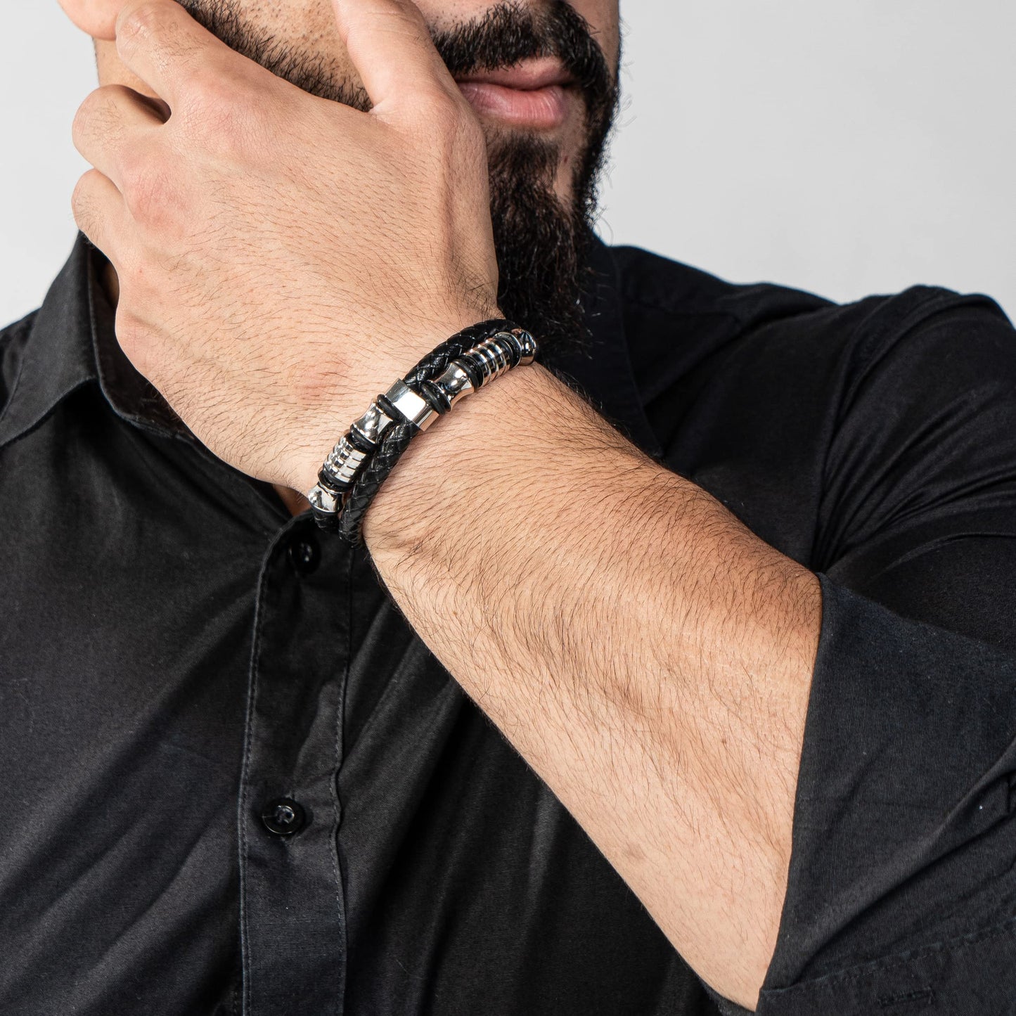 SERASAR Mens Silver Bracelets 17cm Bracelet Men Gift Box Genuine Leather Cowhide Braided Magnetic Clasp Multi Layer Wrap Rope Man Mans Male Band Jewelry Magnet Accessories