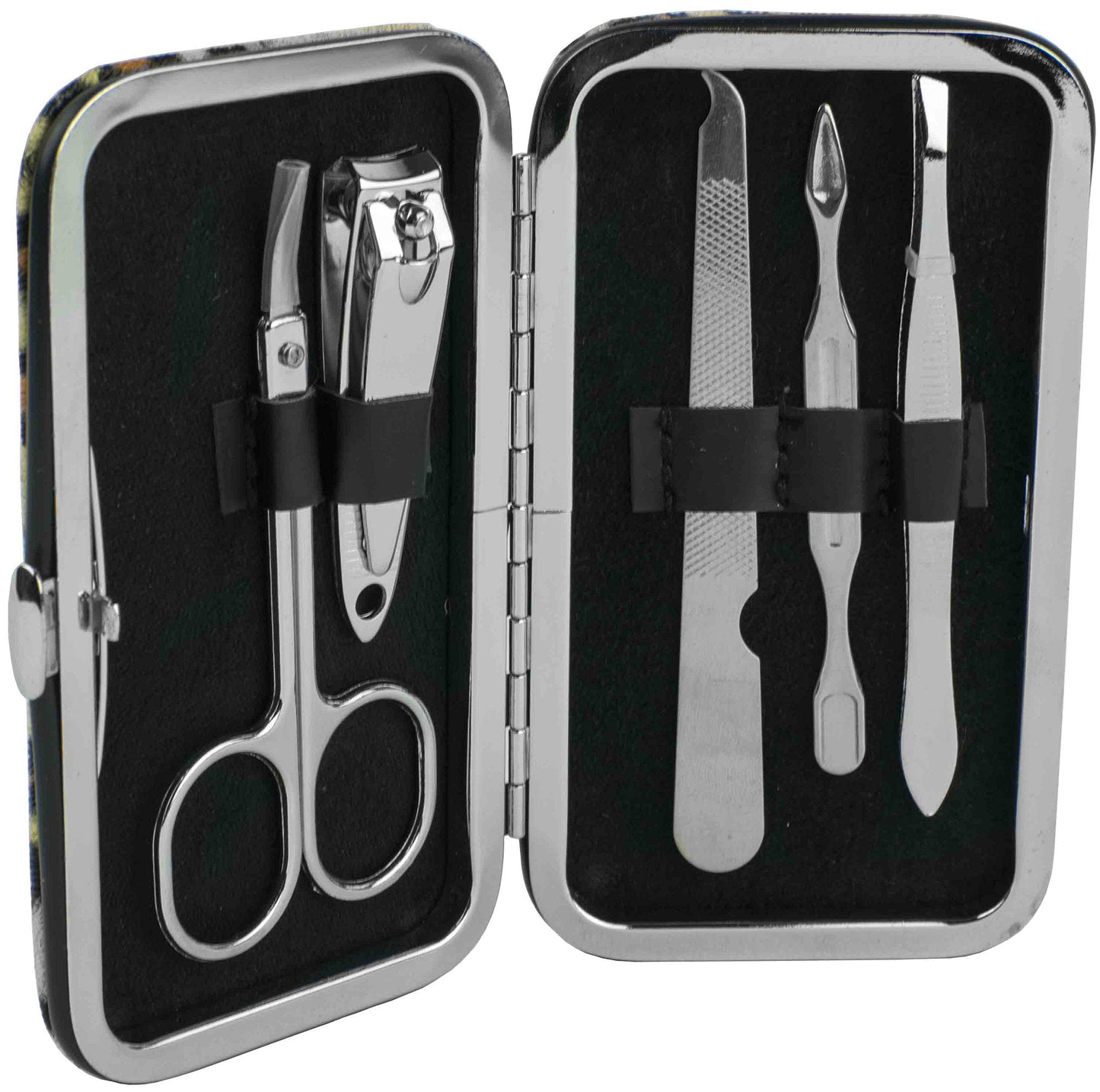 5-Piece Manicure Grooming Kit Set in Leopard Print Travel Case (Clipper, Scissor, Double-Sided Push Stick, Nail File, Tweezers)