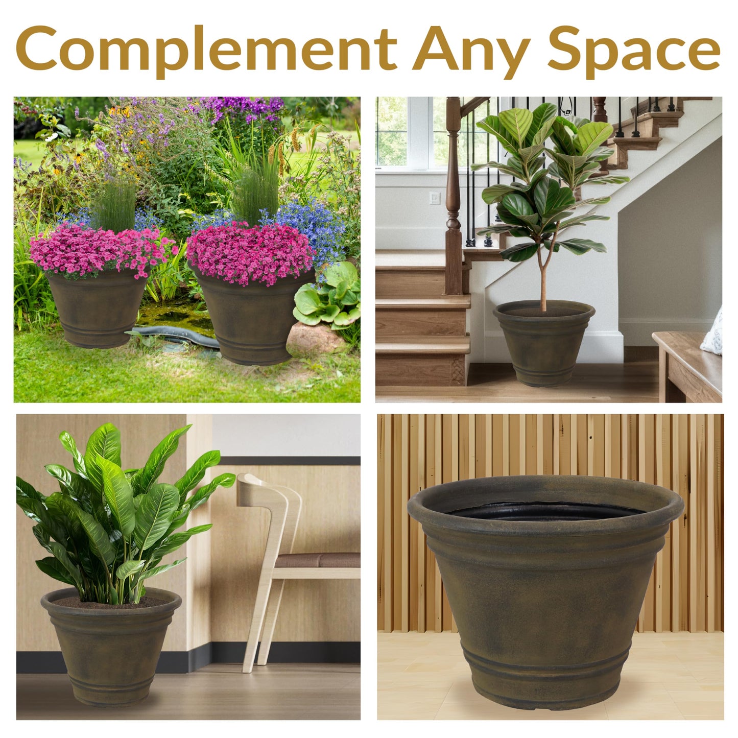 Sunnydaze 20-Inch Franklin Large Plant Pot - Polyresin Round Outdoor Planter with Drillable Drainage Hole - 4 Pack - Sable