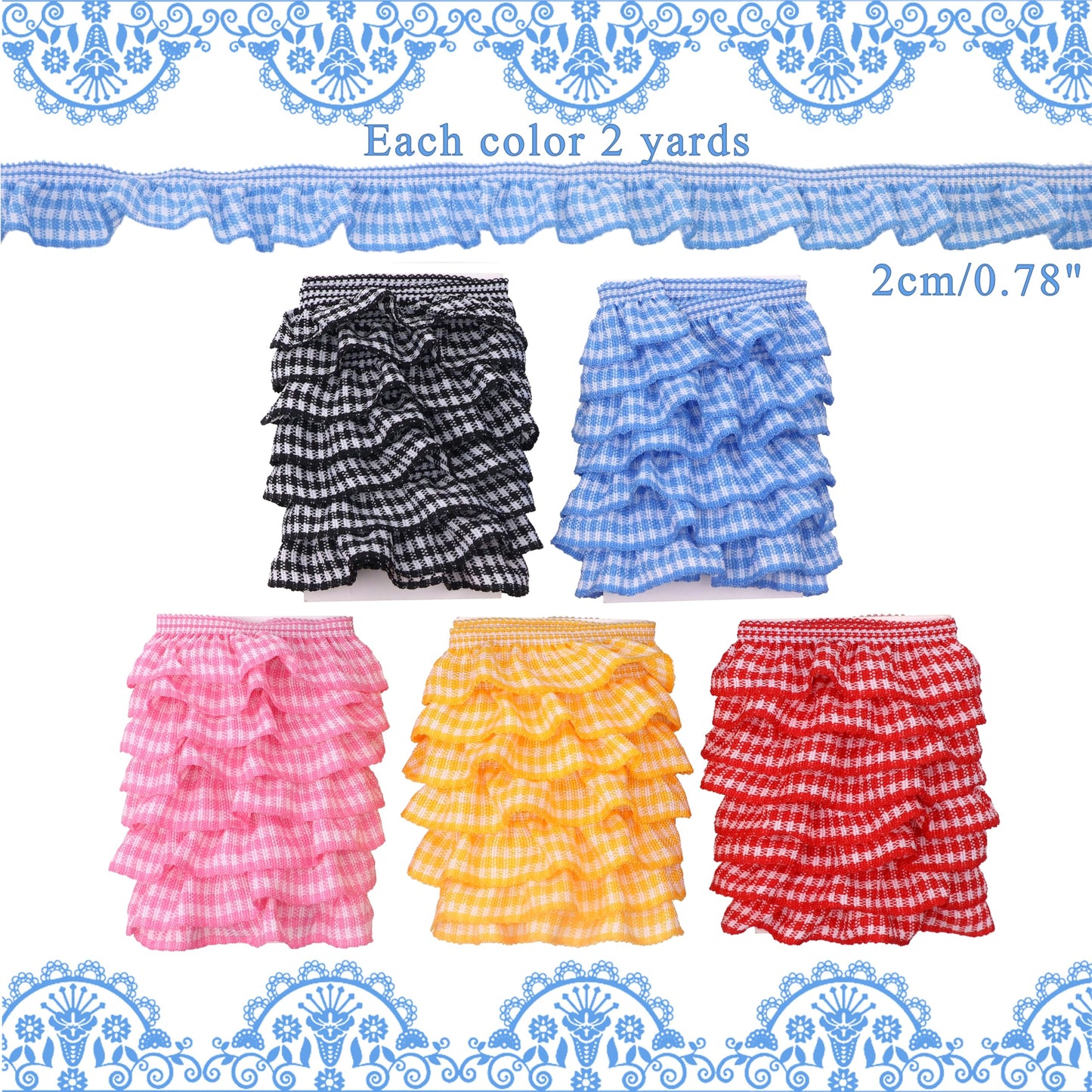 10 Yards Elastic Pleated Gingham Ruffle Trim, 6/8 inch Tiny Stretchy Ruffles Narrow Ruffle Edge Mini Edge Trim Decoration for Clothes Crafts Doll