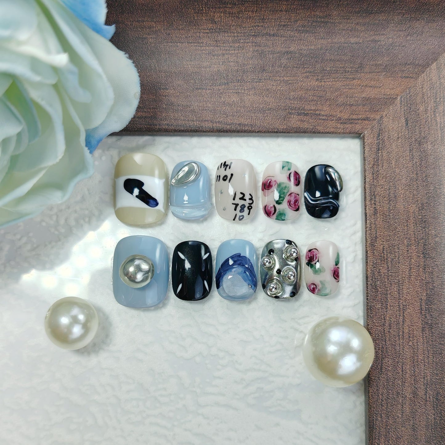 Short Square Press on Nails Handmade False Nails with 3D Designs/Charms, Cute Reusable Fake Stick on Acrylic Tips (Light Blue+Rose, Medium)