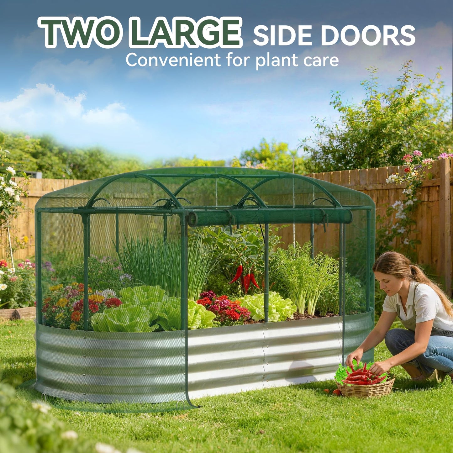 Lineware Raised Garden Bed with Self-Watering System, 6x3x1 ft Elevated Planter Boxes Outdoor with Mesh Cover, Oval Galvanized Raised Beds for Gardening,Vegetables,Flowers, Backyard, Patio