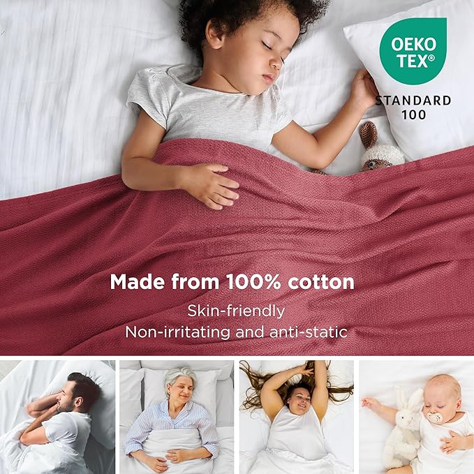 Bedsure 100% Cotton Blanket Twin XL Size for Bed - Breathable and Lightweight, Soft Cozy Textured Herringbone Woven Blanket for Summer Spring, Dark Red, 66x90 inches