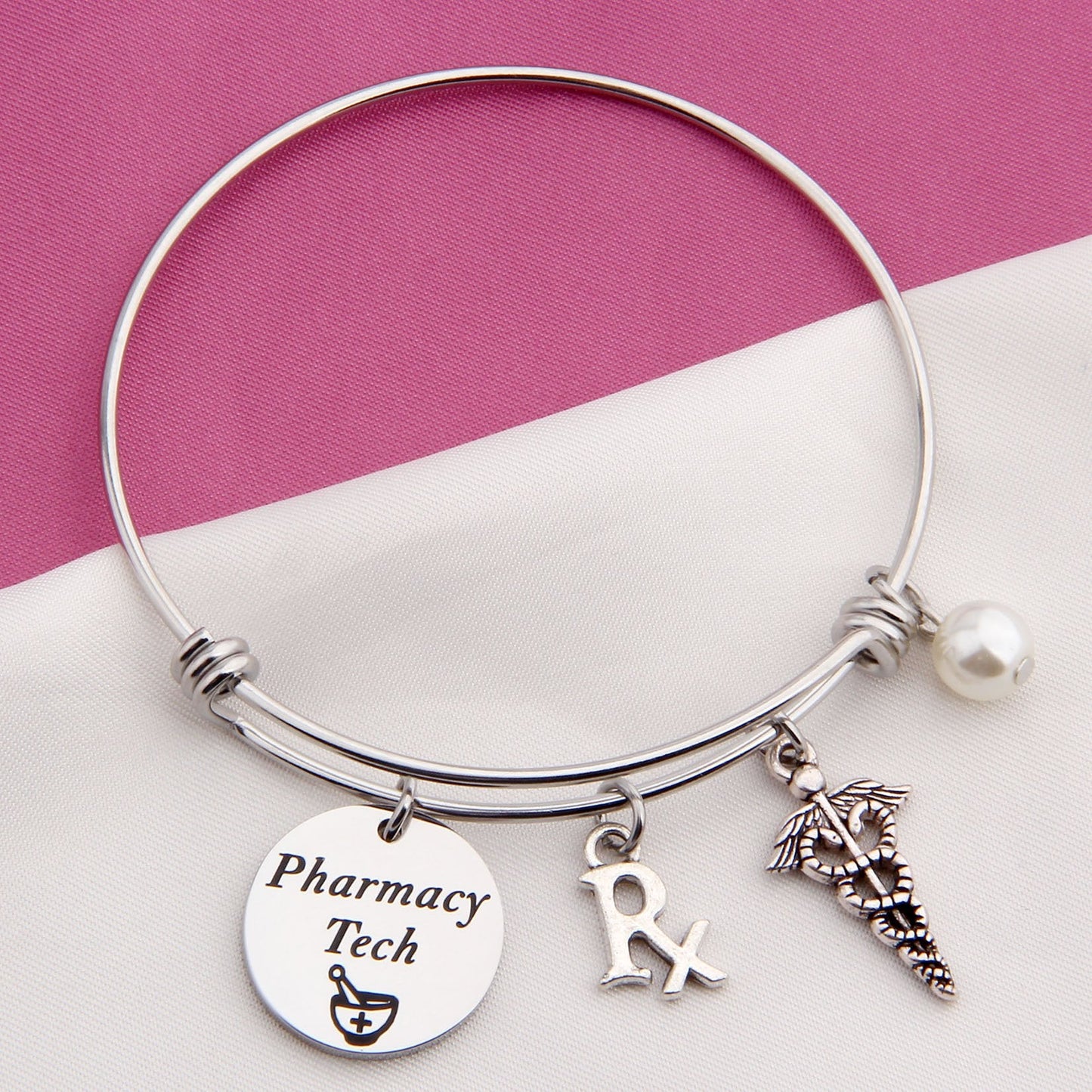 LQRI QIIER Pharmacy Tech Gift Pharmacy Technician Bracelet Expandable Wire Bangle RX Jewelry Gift for Pharmacist (Silver)