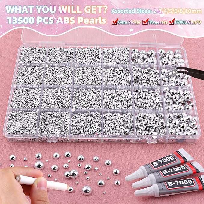 13500Pcs Flatback Pearls for Bedazzling (Silver) with 3Pcs B7000 Jewelry Glue, Assorted Size 2/3/4/5/6/8/10mm Half Pearl, Bedazzling Gems for Crafting Clothing Tumbler Shoes Embellishment Nail Art