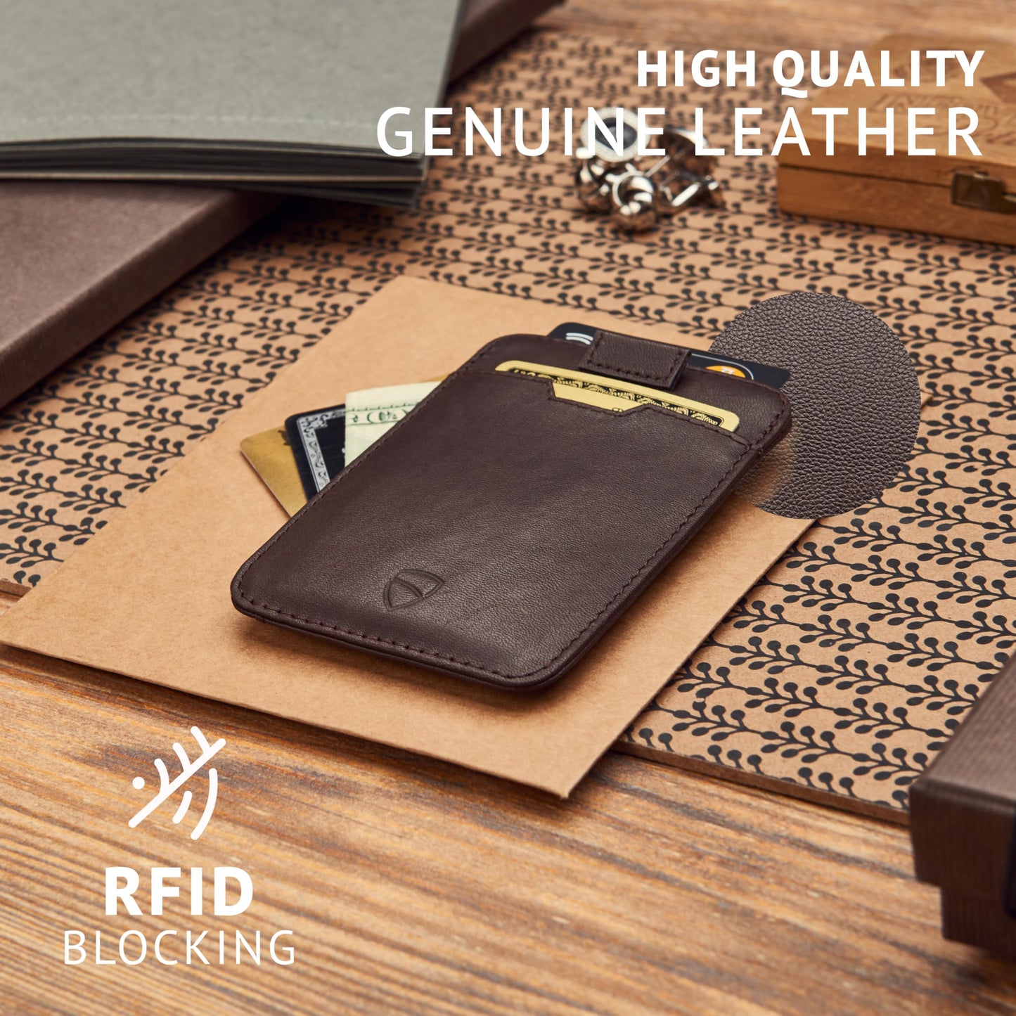 Vaultskin CHELSEA Mens RFID Blocking Slim Leather Card Wallet - Minimalist Front Pocket Cardholder in Brown