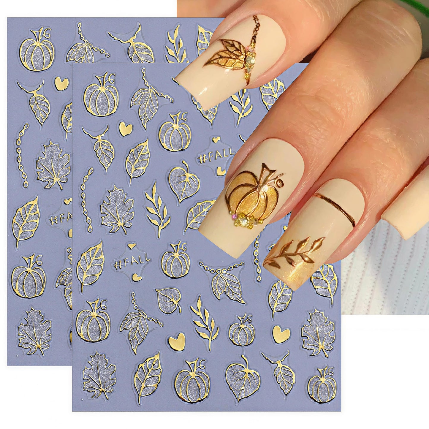 8 Sheets Halloween Nail Stickers 3D Self-Adhesive Glitter Pumpkin Ghost Black Leaf Nail Decals Gold Silver Pumpkin Spider Web Bat Design Nail Stickers for Halloween Party DIY Manicure Kit Decoration