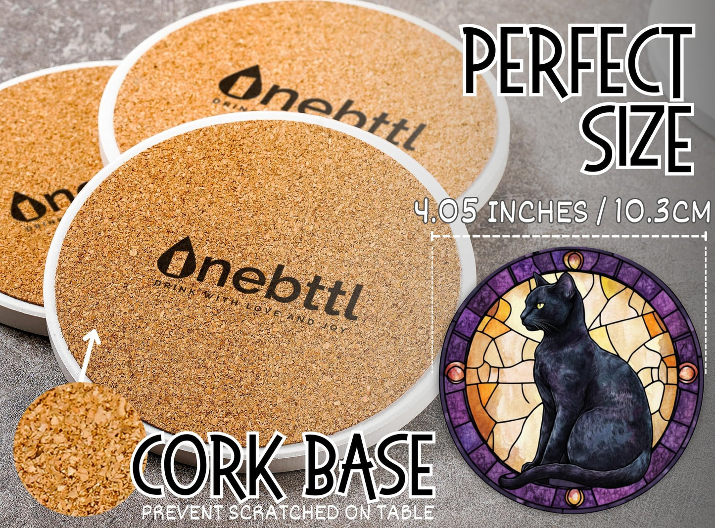 Onebttl Black Cat Gifts for Women, Black Cat Merch Coaster, Set of 6, Ceramic, Absorbent with Cork Base