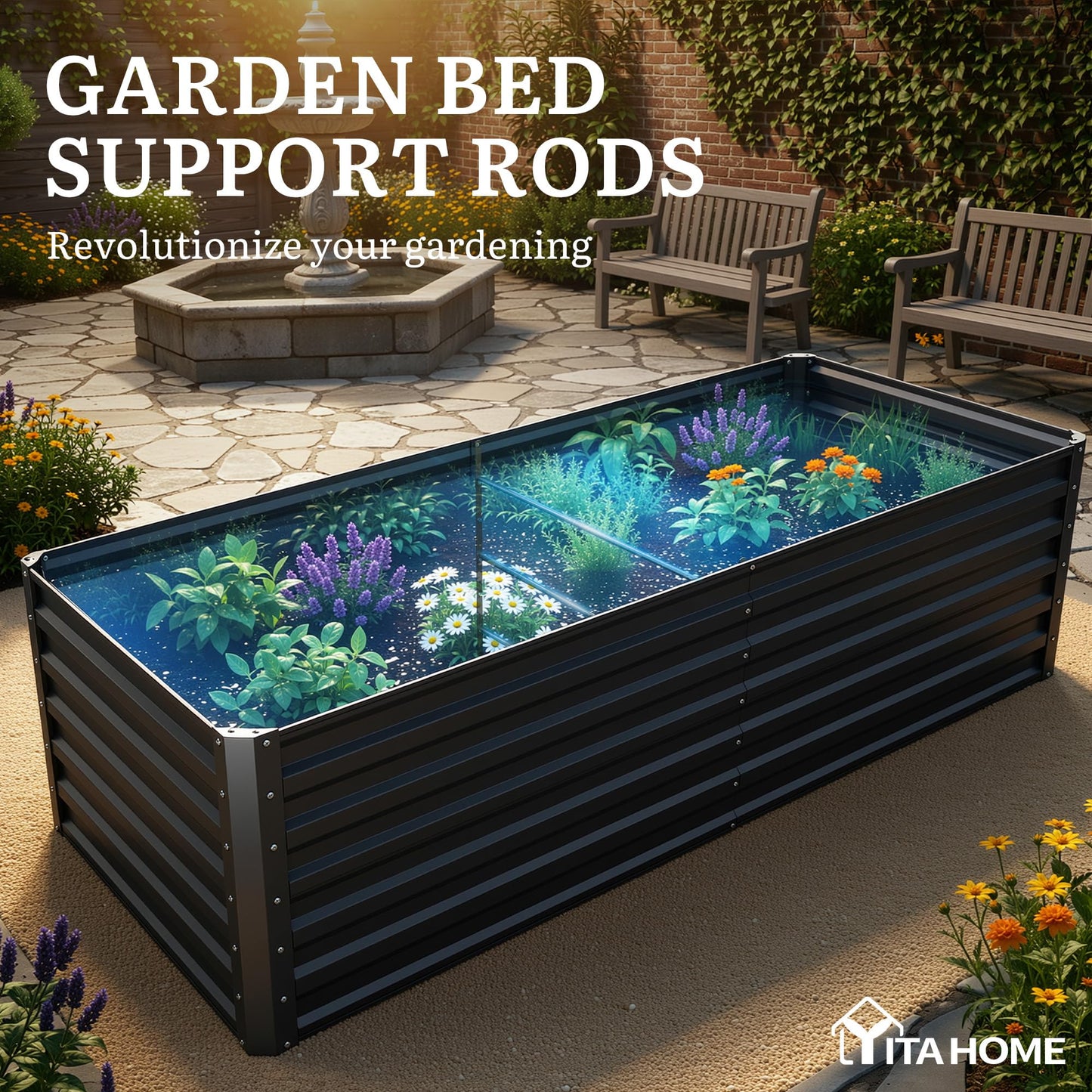 YITAHOME 6x3x2ft Galvanized Raised Garden Bed Kit, Large Metal Planter Box with Gloves & Support Rod, Outdoor Flower Bed for Plants Vegetables, Black