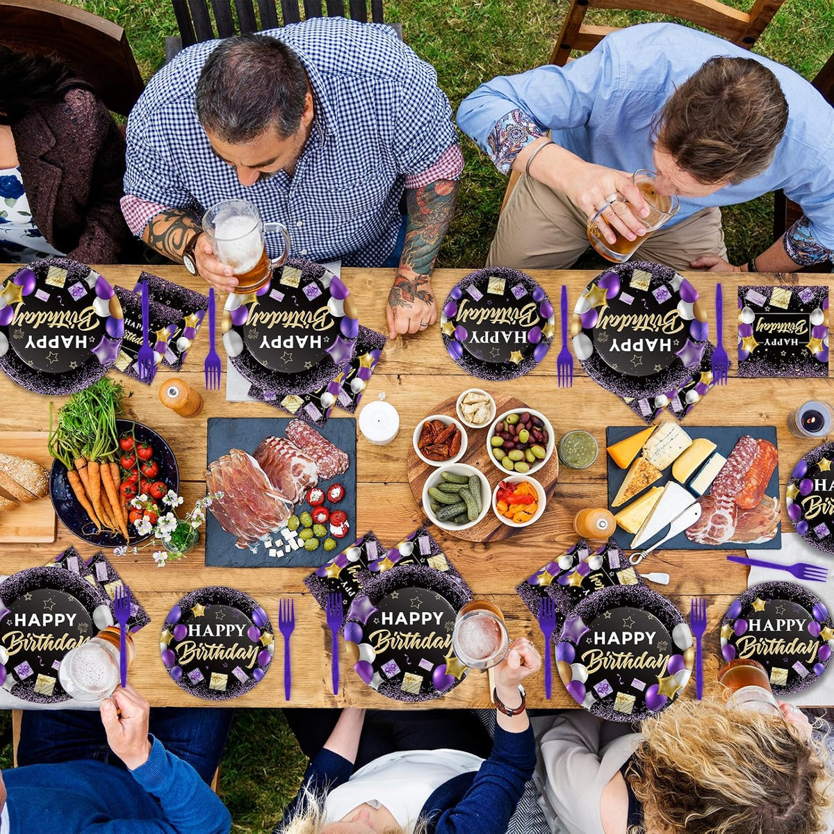 gisgfim 50 Guests Purple Birthday Plates and Napkins Purple and Black Happy Birthday Party Supplies Tableware Set Table Decorations for Women Girl Birthday Decoration Paper Plates Napkins Forks 200PCS