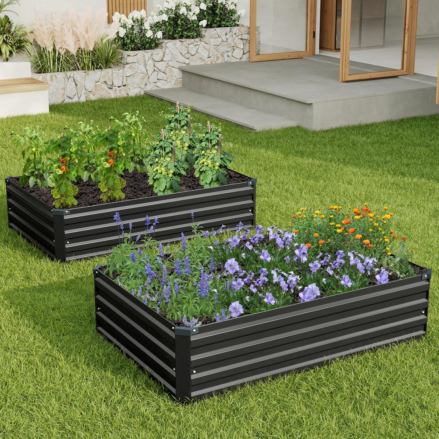 ZUNUDA 4×3×1FT(2PCS) Galvanized Raised Garden Bed Kit Metal Planter Boxes,Large Raised Garden Bed for Planting Vegetables,Flowers,Herbs -Black