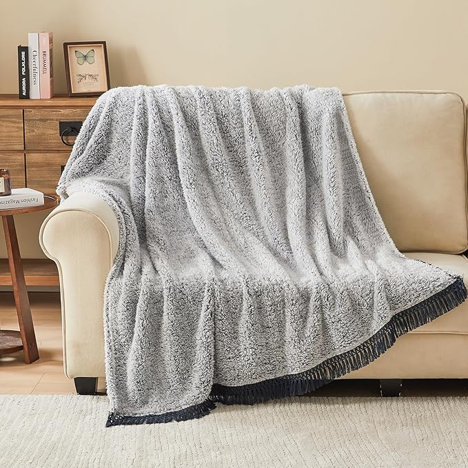 EMME Fuzzy Blanket Soft Fleece Throw Blankets for Women, Fluffy Sherpa Throws(Tassel Navy,60"x80")