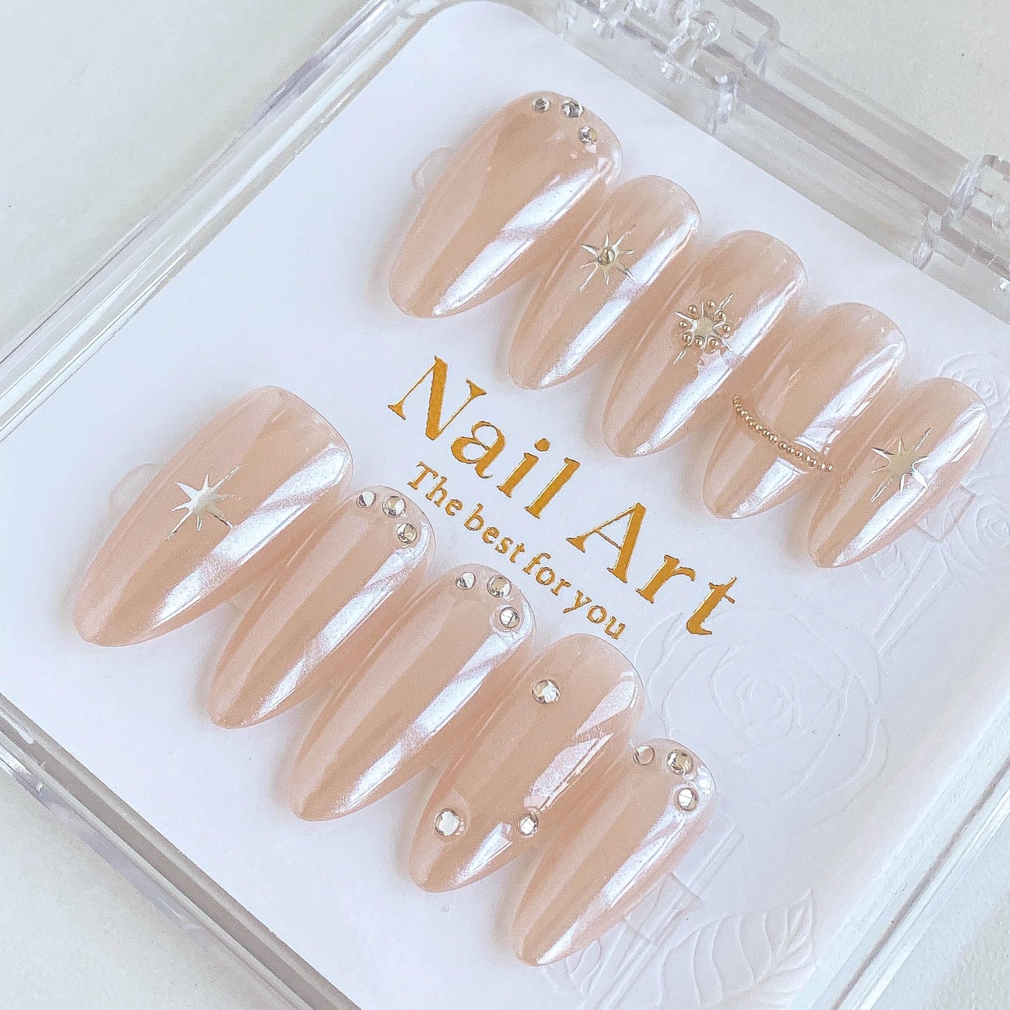 GLORS Almond Press-On Nails, Nude with Crystal Rhinestones and Star Design, Handmade False Nail 10 Pieces (Small, Almond)