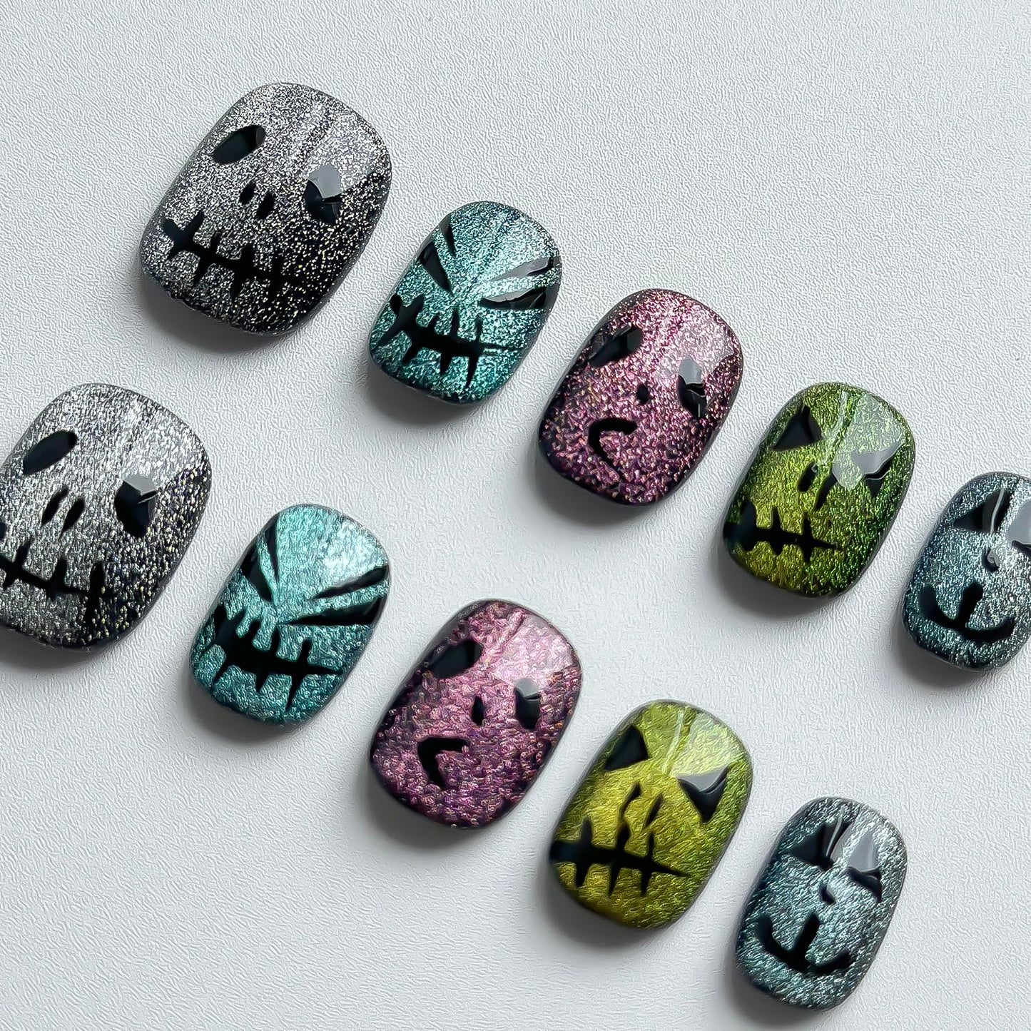 Halloween Press on Nails Short Square Handmade Nails 3D Unique Reusable ABS Material Fake Nails Cute False Nails with Designs Glitter Sparkly Glossy Glue on Nail Thick Acrylic Nail(M)