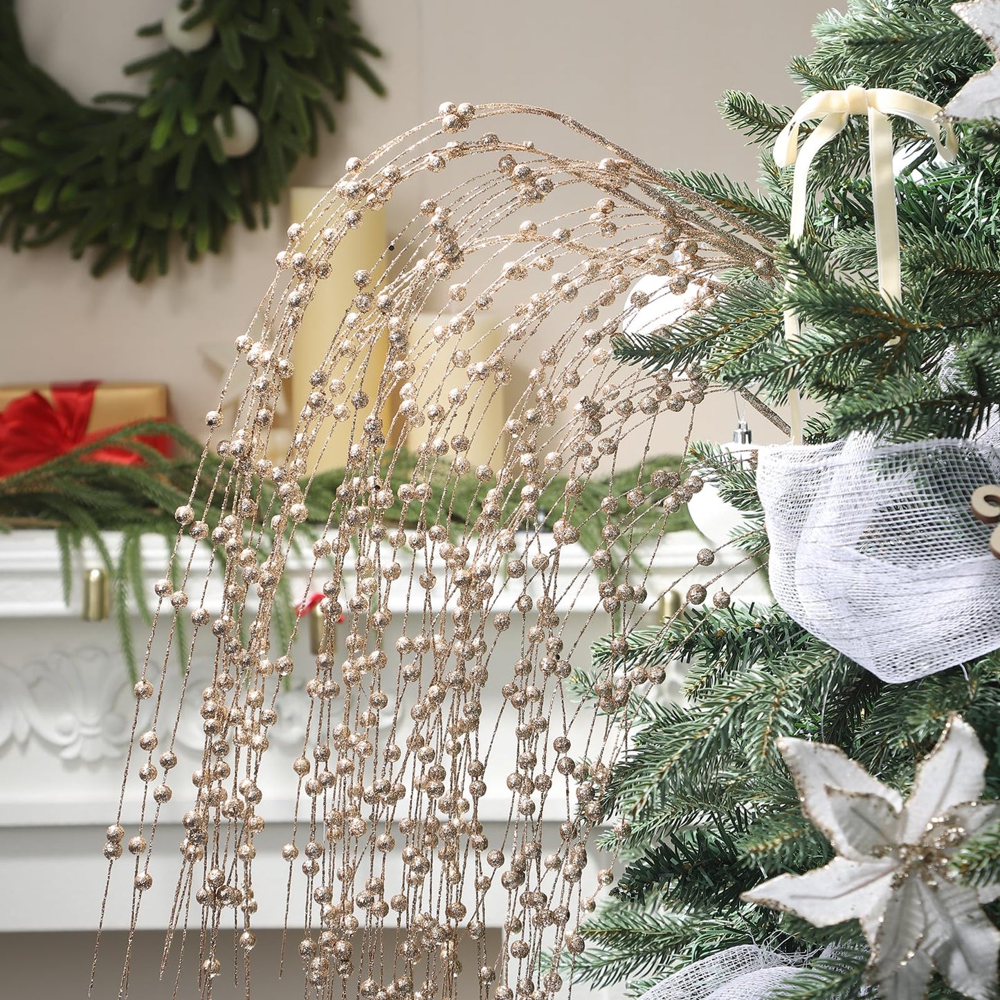HRONG 24 PCS 39.37in Red Artificial Glitter Berry Stem Ornaments - Glittery Twigs，Branches for Christmas Tree Decorations, Holiday Wreaths, Wedding, DIY & Home Party Decor (Champagne)