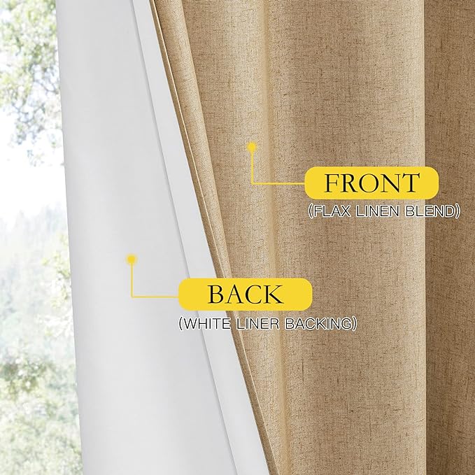 NICETOWN 100% Absolutely Blackout Linen Curtains with Thermal Insulated White Liner, Camel, 42" Wide by 45" Long, 2 Pieces, Linen Blend Window Drapes Privacy Window Treatments for Bedroom/Kids Room