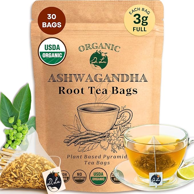 Dr. Lu’s Organic Ashwagandha Tea | Wild-Harvested in India’s Ayurvedic Regions | 100% Natural Calm & Stress Support | 30 x 3g Full Strength Corn Fiber Pyramid Bags (No Plastic, No Nylon)