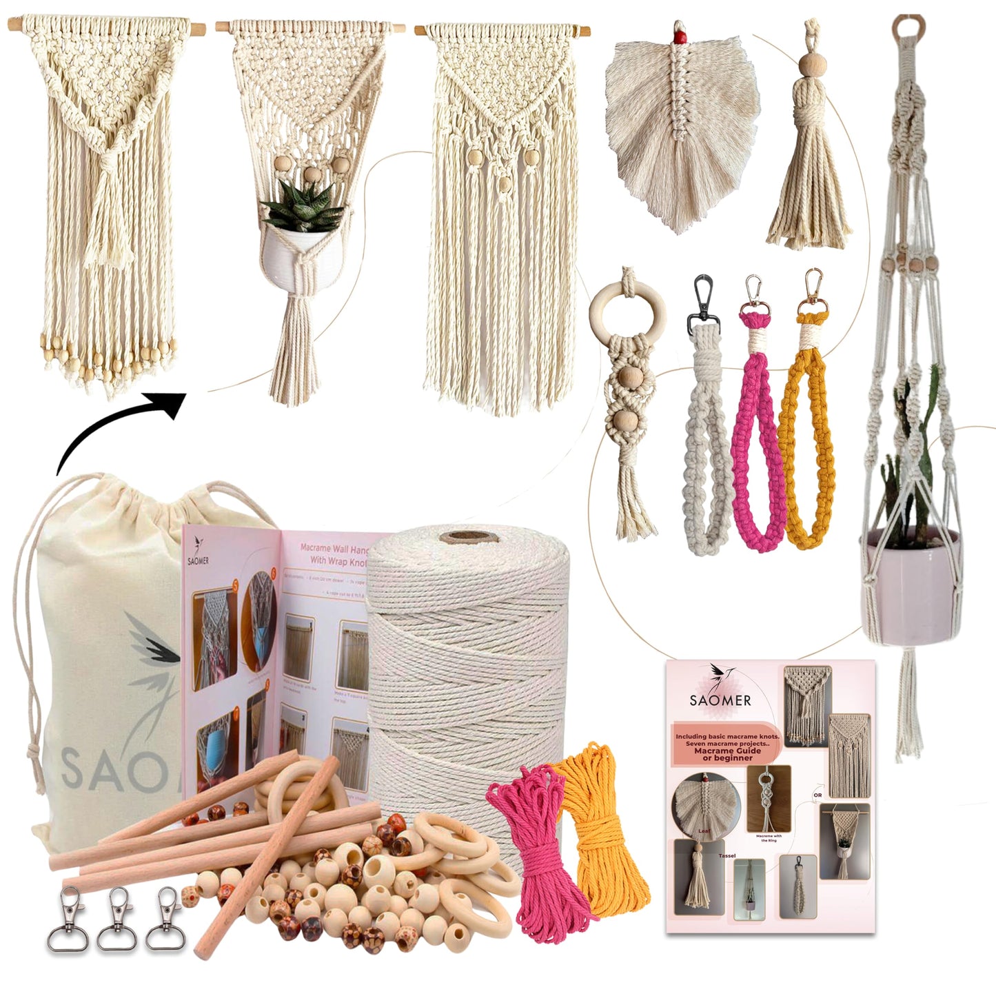 SAOMER 130 Pcs Macrame Kit for Beginners-219 Yards(657 Feet-3mm) 7 Easy Macrame DIY Projects Book-Starter Kit Has Dowel,Beads,Rings,Keychains,Bag(Gift) - Perfect Macrame Starter Kits