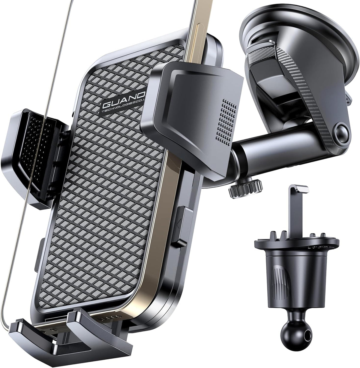 Adjustable Windshield Phone Mount for Car, Suction Cup Dashboard Holder for All Cell Phone, (+Vent Hook) [Military Grade Stable], Non-Slip Silicone Carbon Fiber, (Black)