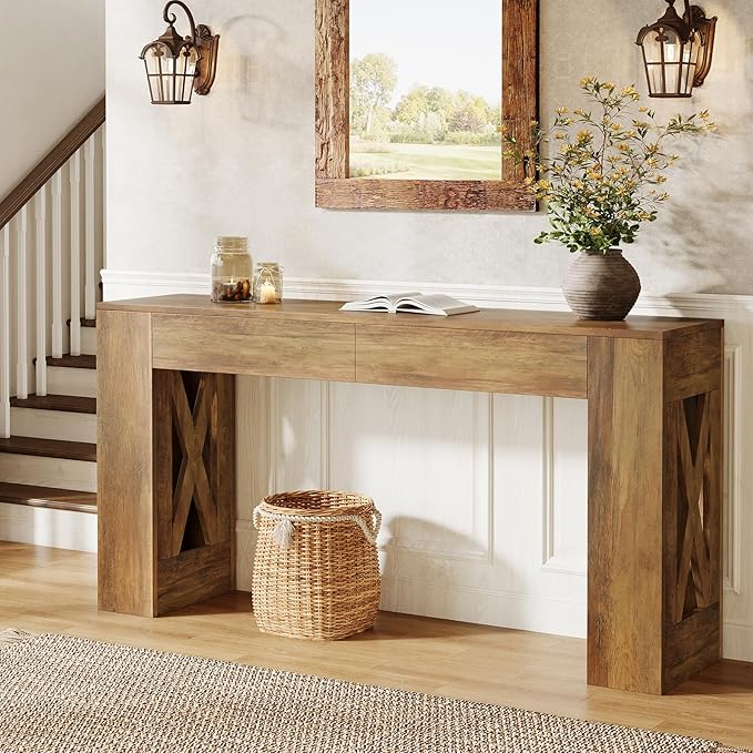 Tribesigns 63-Inch Long Console Table, Farmhouse Entryway Table with 2 Drawers and X-Shaped Legs, Narrow Sofa Furniture Behind The Couch for Entrance, Hallway, Living Room, Warm Brown