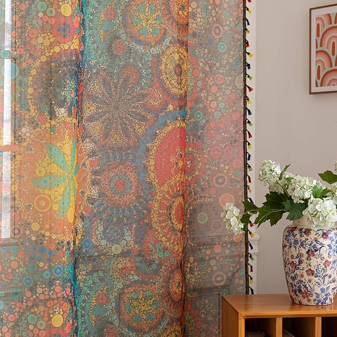 Dot Colorful Sheer Curtains 102 inch Long, Fringed Edges and Textured Semi Sheer Curtains Large Window Treatments for Living Room/Bedroom, 2 Panels