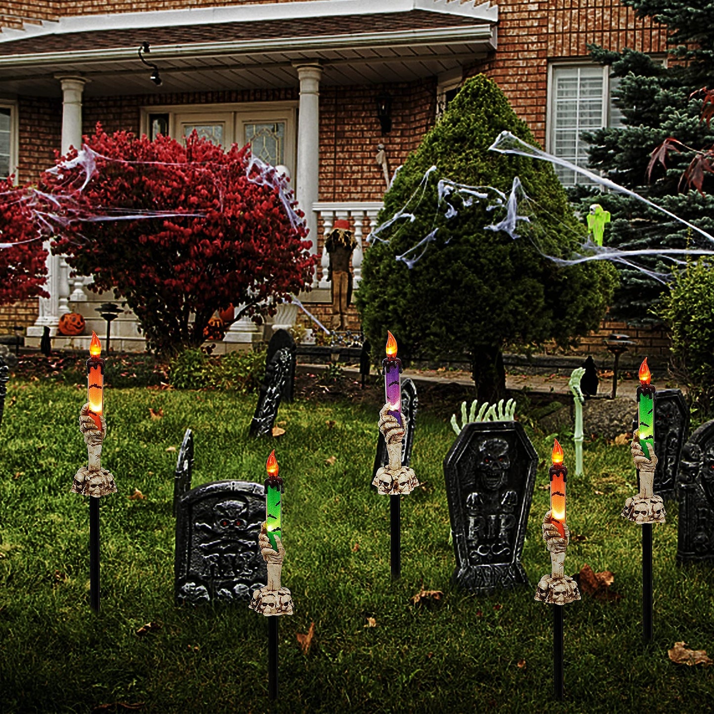 LJLNION Halloween Decorations, 5 Pack Tabletop Candle Lights with Skeleton Ghost Hand, Waterproof Lighted Yard Stakes, Battery Operated for Light Up Halloween Indoor/Outdoor Garden Decor
