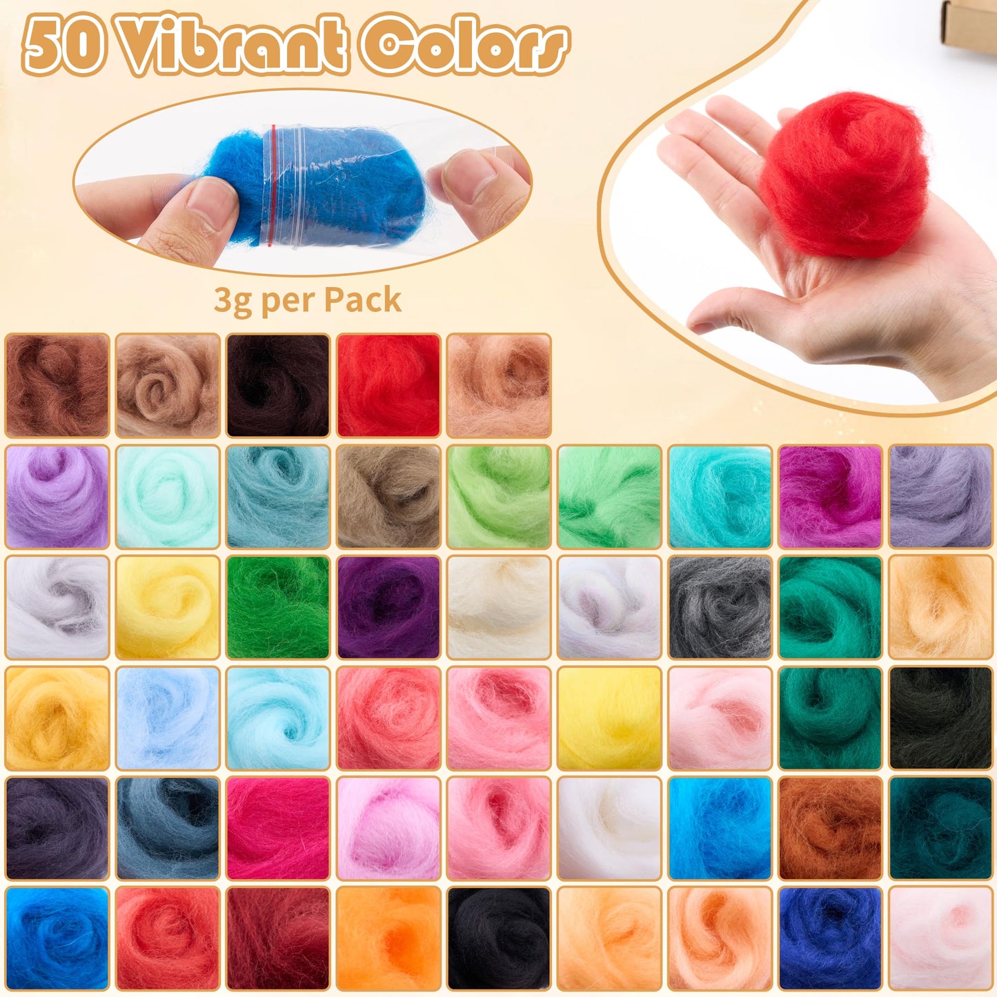 DF DUALFERV Needle Felting Kit with 50 Colors of Premium Felting Wool - Fluffy, Textured Wool Roving with Strong Plasticity for Felted Animal - Includes Instruction for Creative Crafting Projects