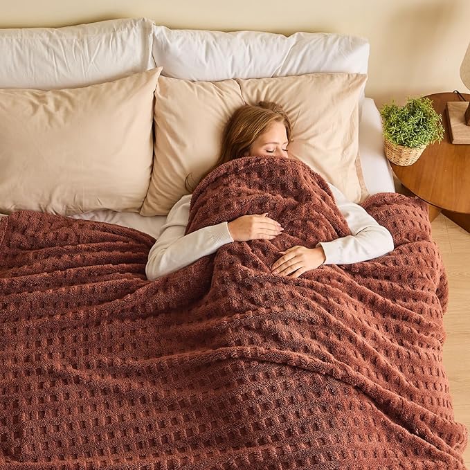 NEWCOSPLAY Super Soft Queen Blanket Coffee Premium Silky Flannel Fleece 3D Waffle Checkered Lightweight Bed Blanket All Season Use (Coffee, Queen(90"x90"))