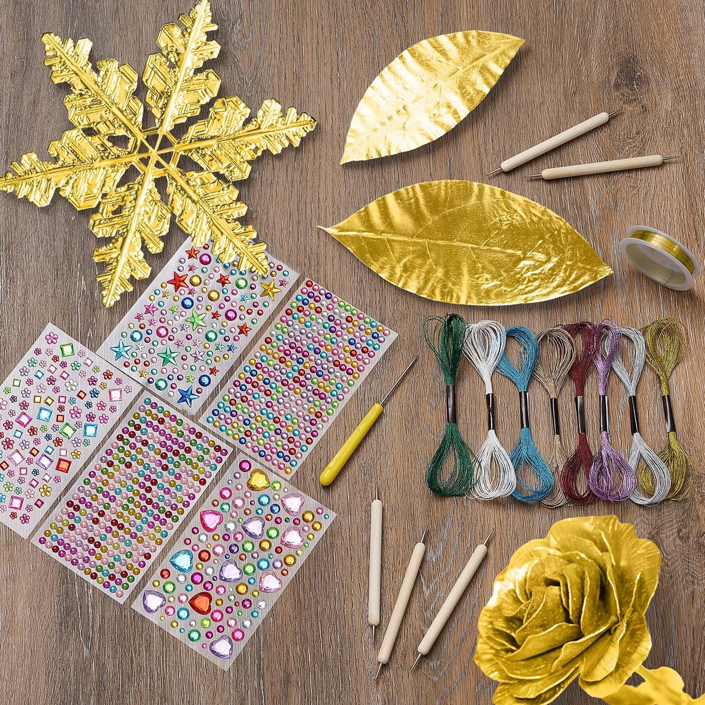 Yaocom Metal Embossing Kit, 25 Sheets Aluminum Embossing Foil Sheets, Art Craft Decorative Metal Foil Sheet Tools, Gold Shimmer Crafting Accessory, Creative Artwork Making Kit, Handcraft Supplies