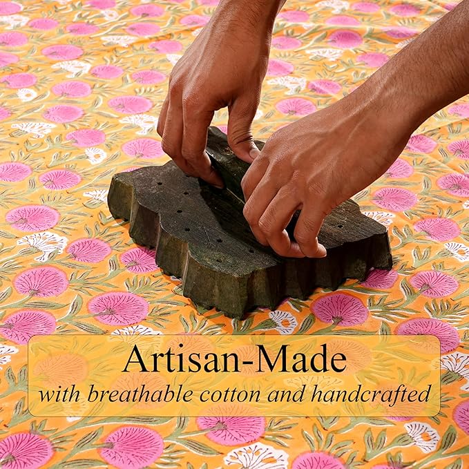 Ridhi Hand Block Print Bubblegum Pink Rectangle Cotton Tablecloth 190" x 72" Reusable Table Cover Decorative Everyday Use for Dining, Farmhouse, Home Gift for Spring, Easter, Valentine