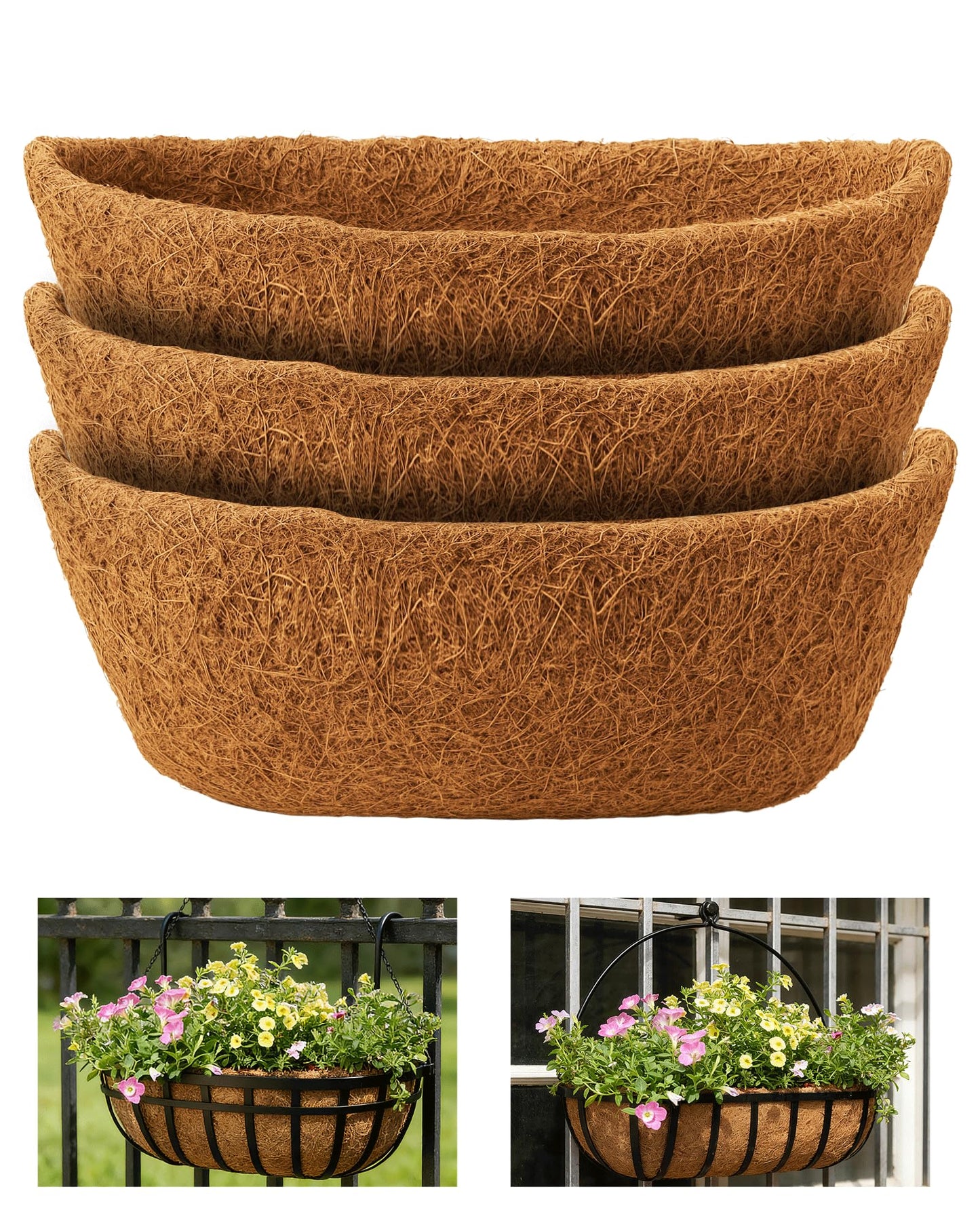 gardmate Coco Liners for Planters - Pre-Formed Coco Fiber for Plants Groove Design Hanging Basket Liners, Handmade Natural Coconut Fiber Pot Liners for Wire Baskets & Window Boxes (3)