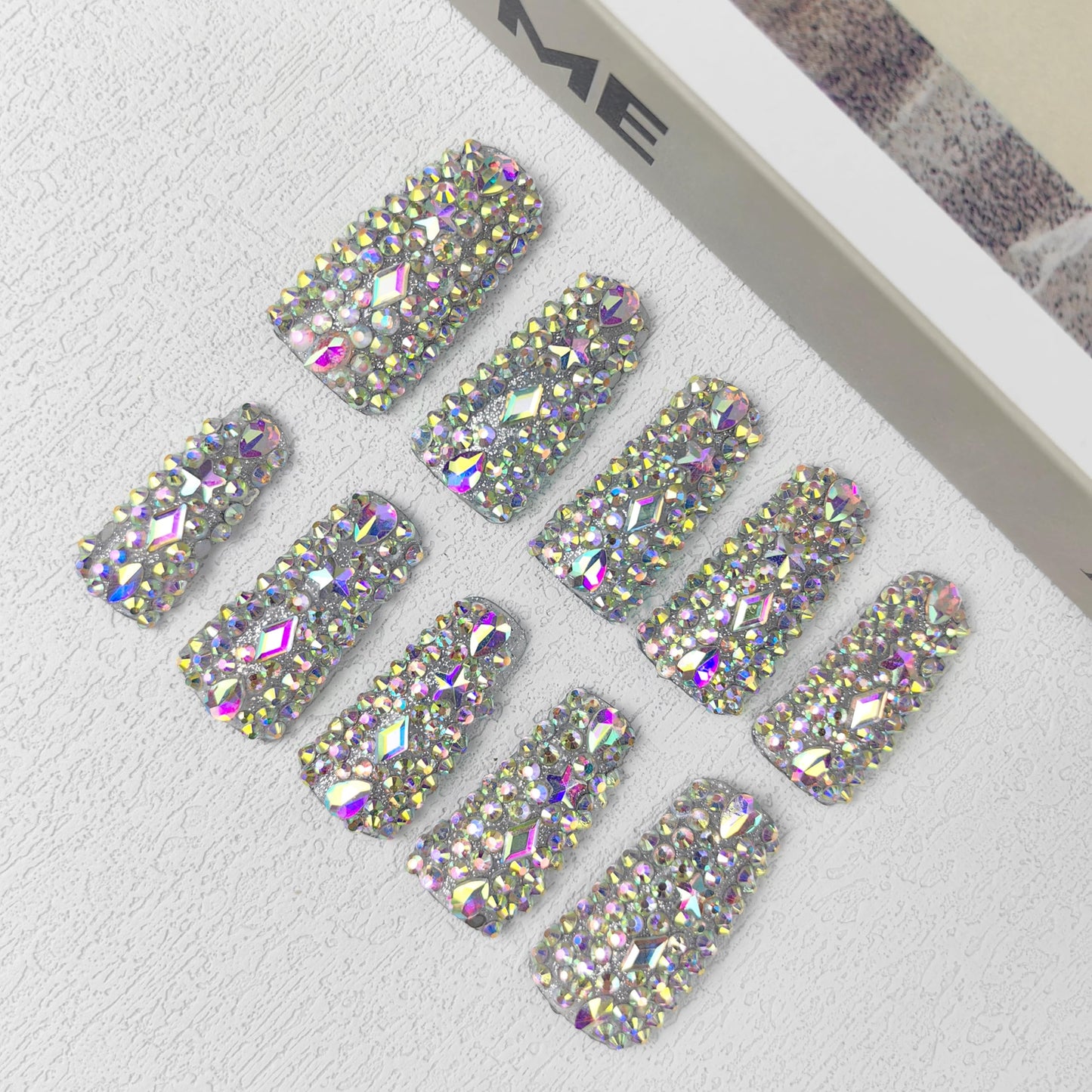 GGddsha 2025 Full Diamond Duck Nails Medium Square Reusable PMMA Acrylic Nails Handmade Full Coverage Deluxe 3D Crystal Fake Nail (With Box) Gift for Women (rhinestone, M)